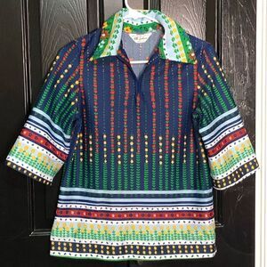 Vtg NPC Fashions Womens Blouse M Poly Retro 3/4 Sleeves Spread Collar Floral